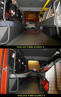 porovnání vnitřku kabin obou vozidel Volvo, které mají zvenčí kabinu stejnou