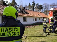 Požár střechy domu v Kostelci nad Vltavou, kde členové jednotky s dýchací technikou prováděli dohašování. (18.4.2019)